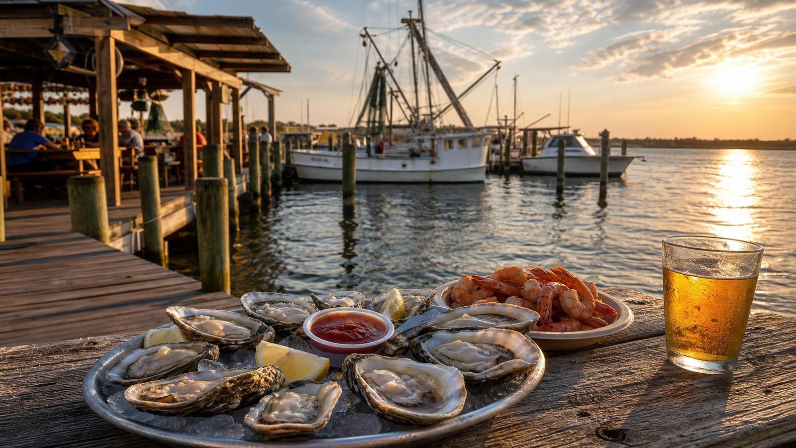 Fresh Gulf seafood on a picnic table at a rustic waterfront restaurant with fishing boats docked nearby in Florida