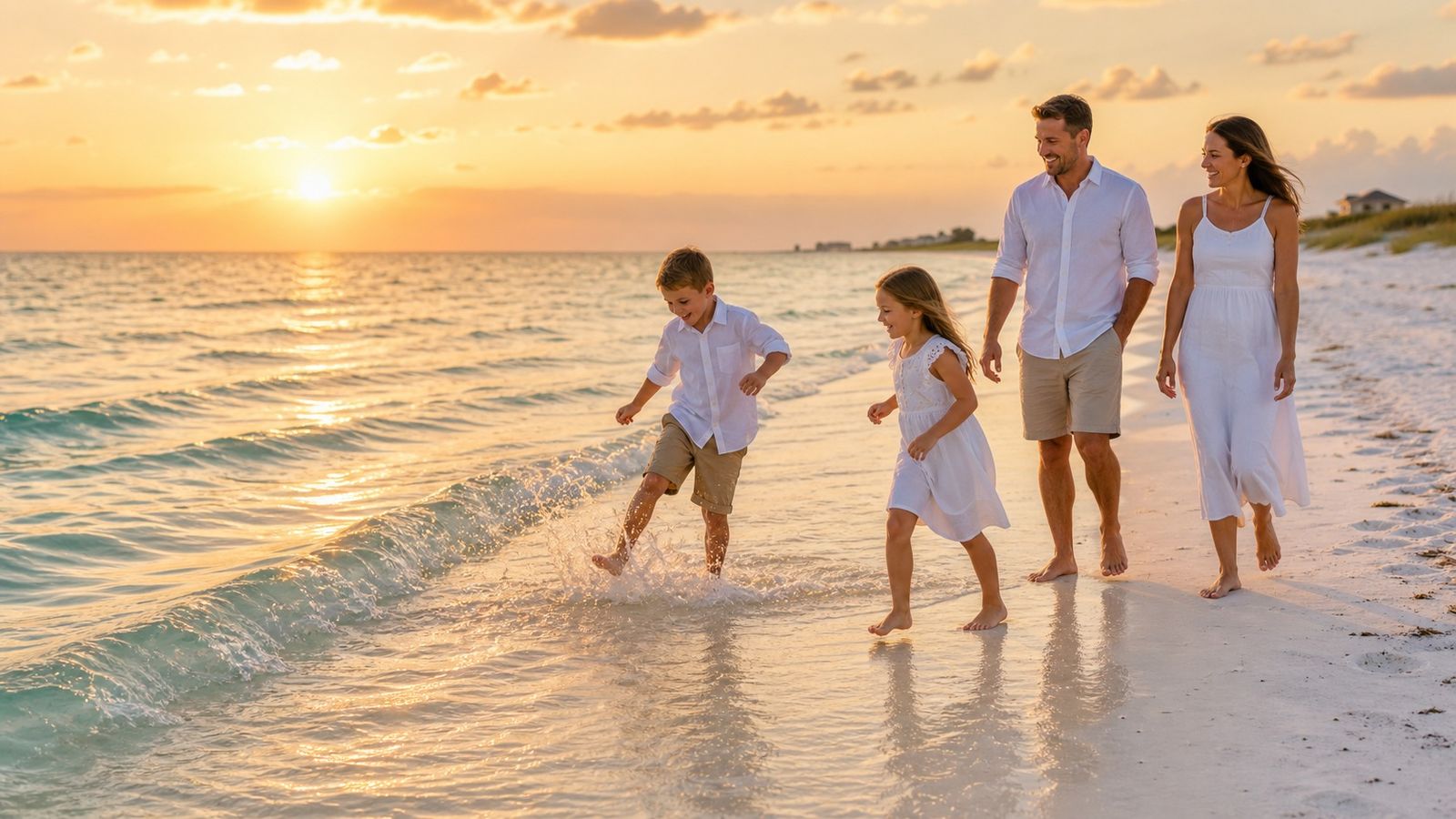 Family enjoying a quiet Florida Panhandle beach at golden hour with children playing in the calm Gulf water