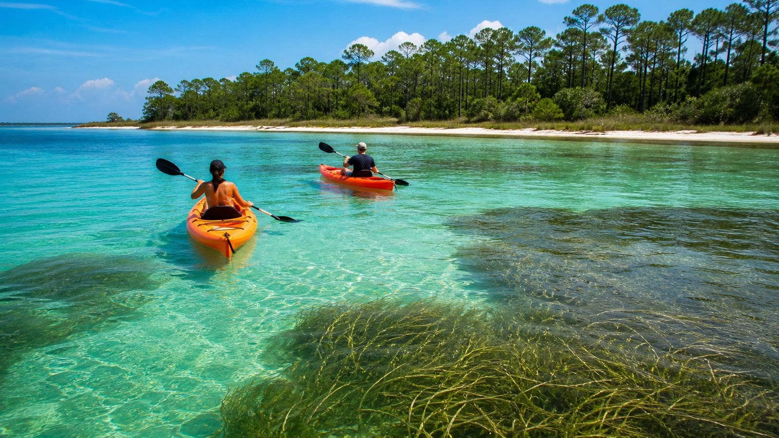 Kayakers paddling through calm turquoise bay water with seagrass visible below near a Florida Panhandle peninsula