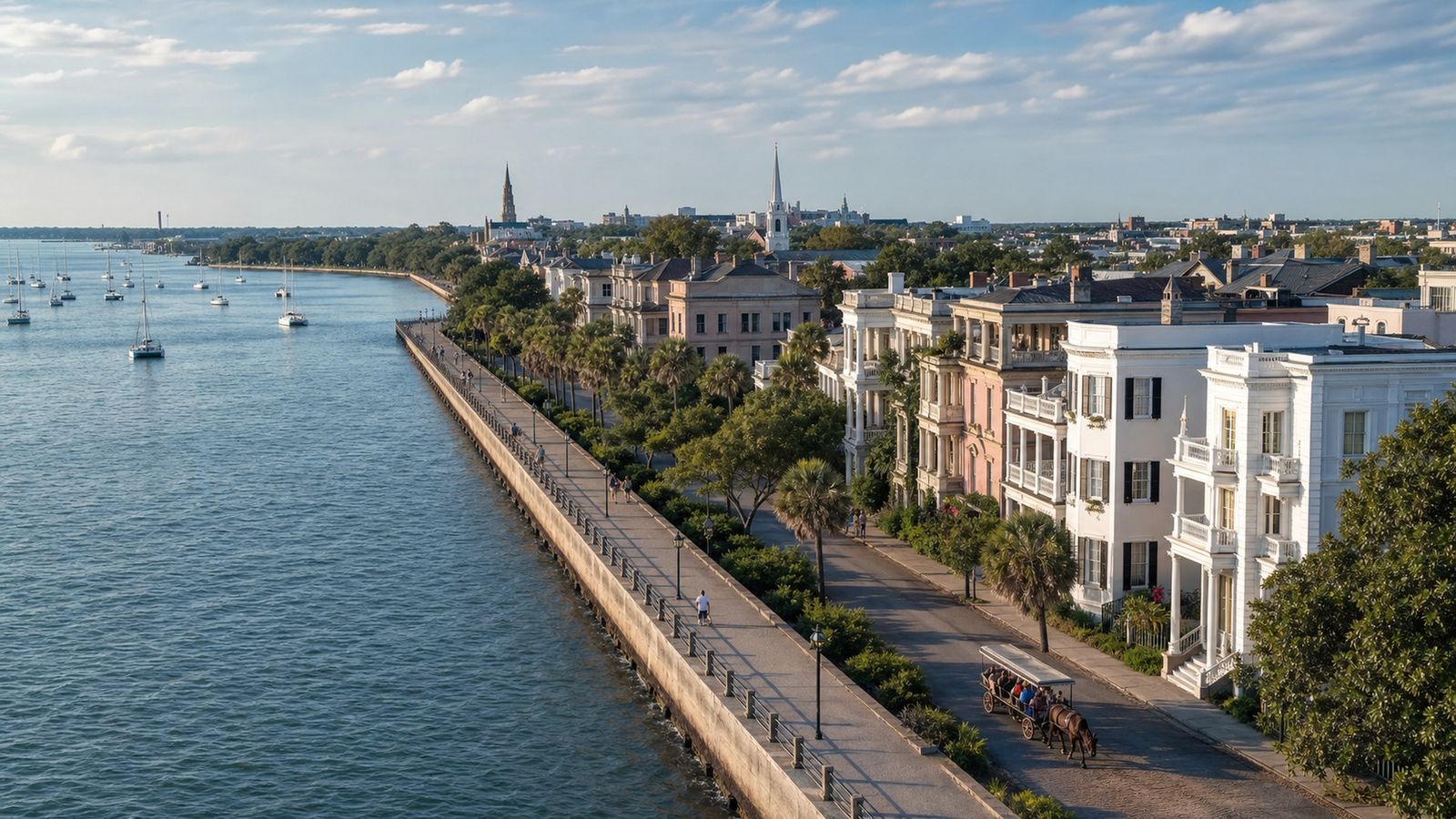 Aerial view of Charleston South Carolina's historic Battery Park waterfront with antebellum mansions and sailboats