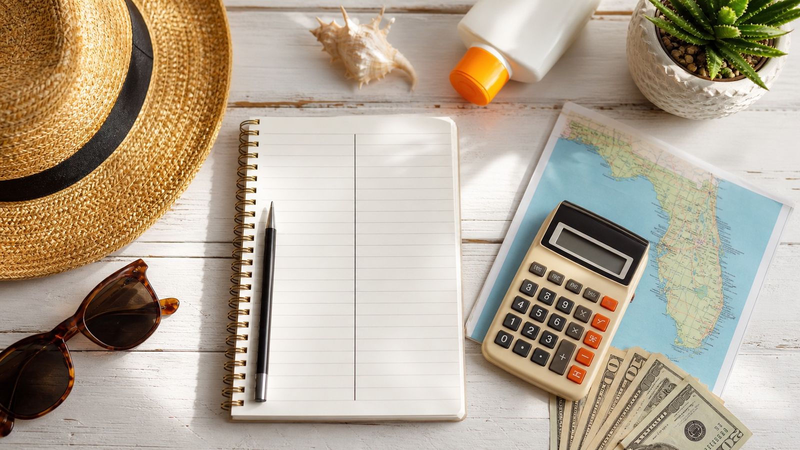 Vacation budget planning materials on a white table including notepad with budget columns, calculator, sunscreen, and Florida map