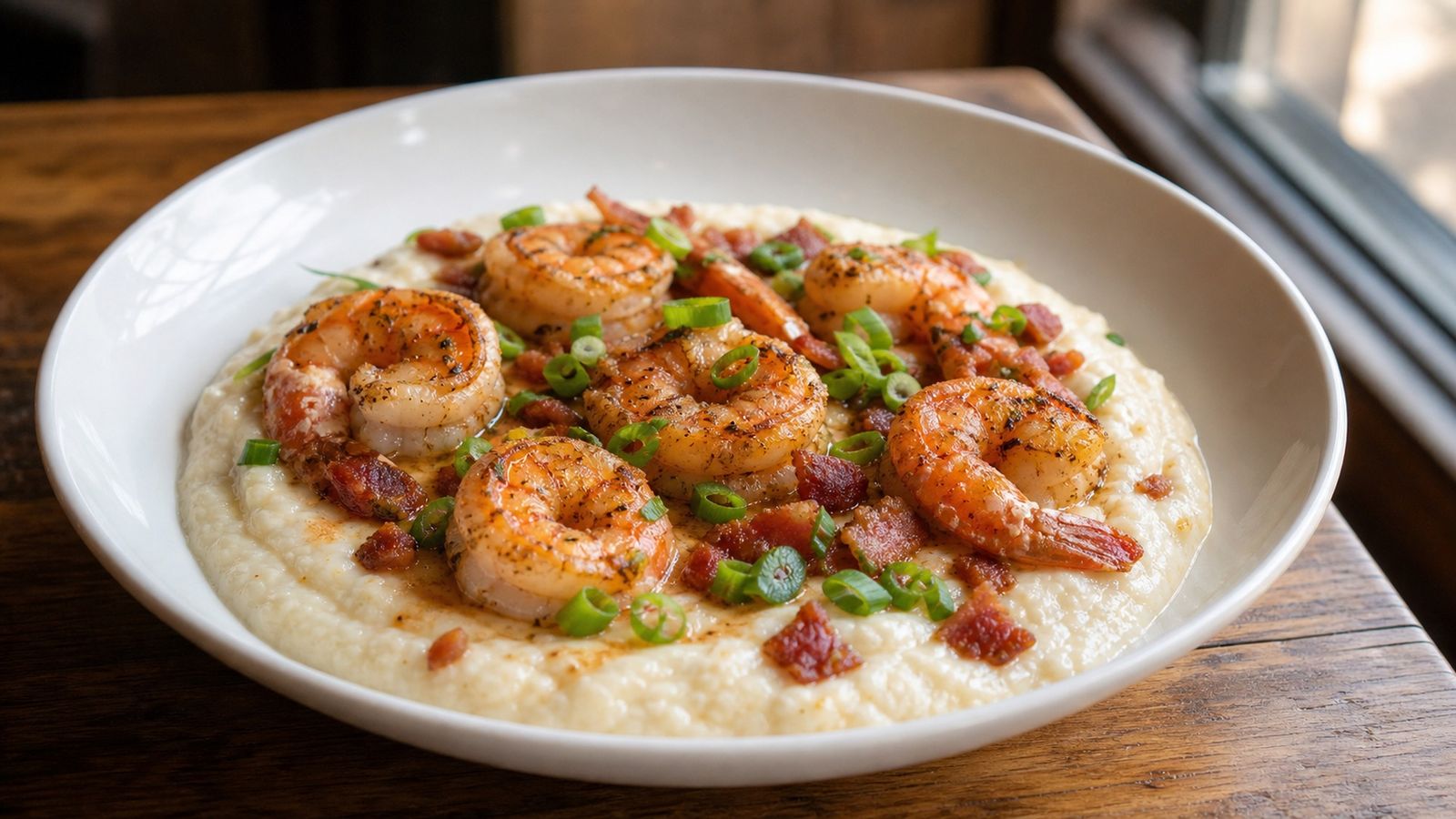 Traditional Charleston lowcountry shrimp and grits with large seasoned shrimp, stone-ground grits, and scallions