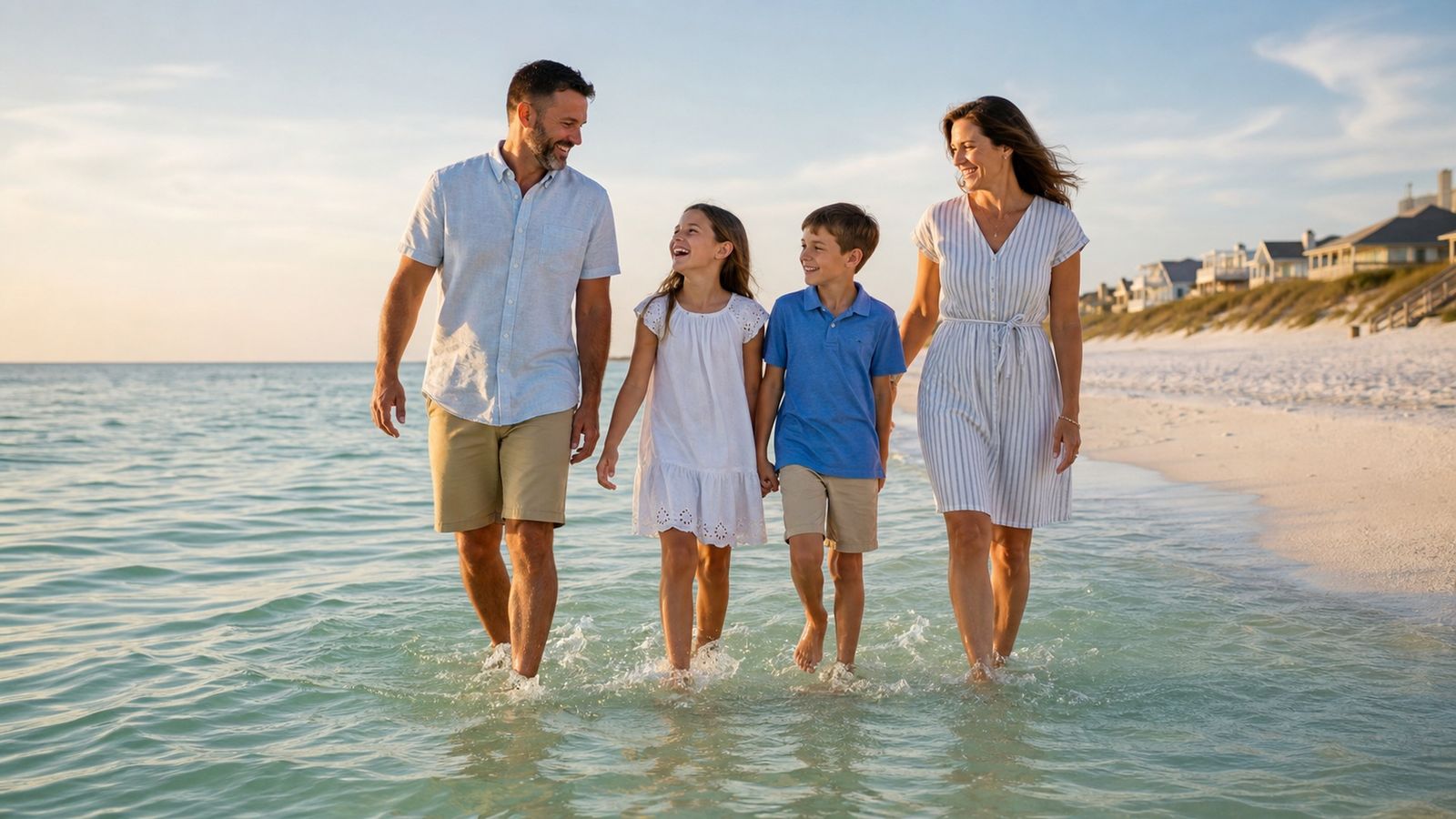 Happy family of four walking barefoot along Destin Florida's shallow emerald Gulf shoreline at golden hour