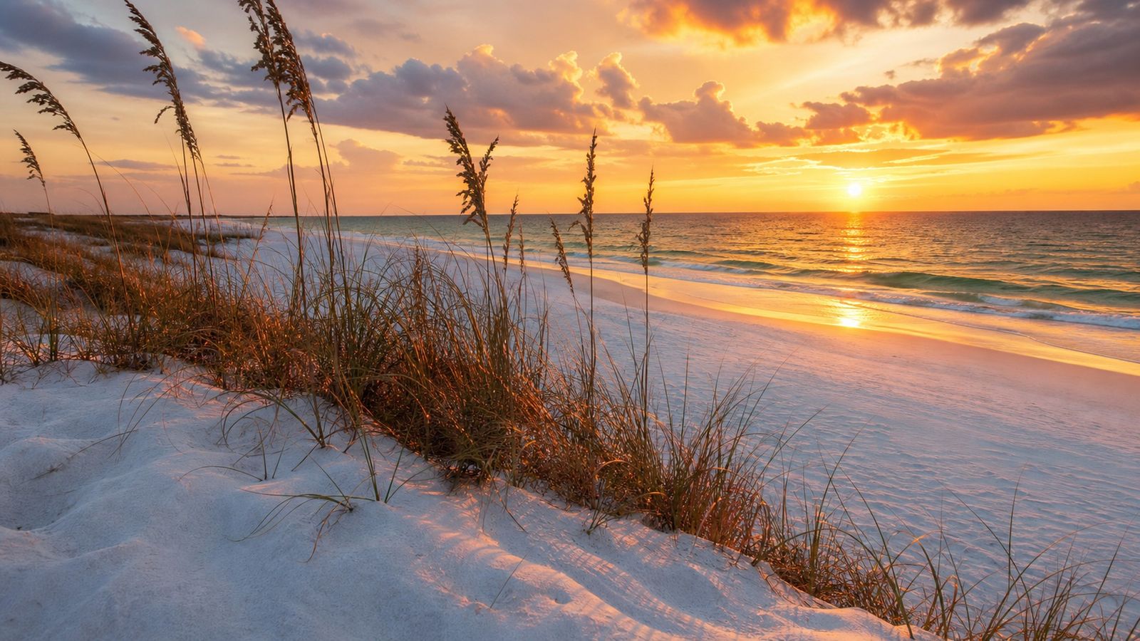 Henderson Beach State Park Destin Florida at golden hour sunset with illuminated dune grasses and emerald Gulf water in fall