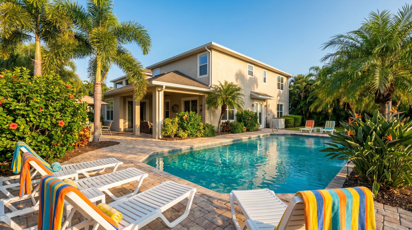 Private pool at a Destin Florida vacation rental home with lounge chairs on a sunny afternoon, turquoise water and tropical landscaping