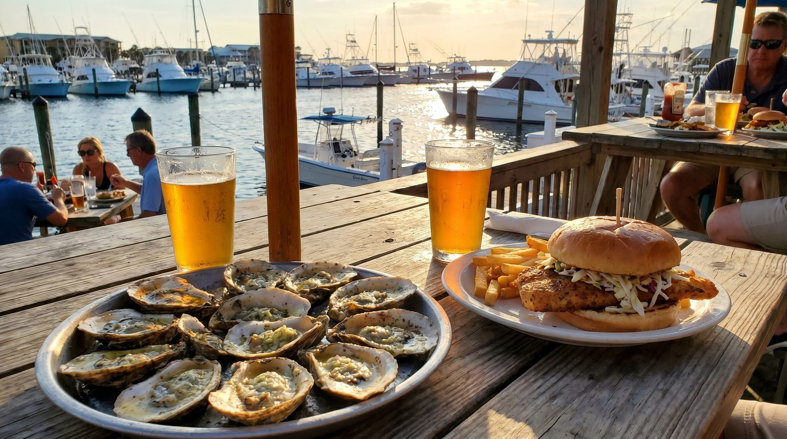 Chargrilled oysters and fresh Gulf grouper on the outdoor deck of a waterfront seafood restaurant at Destin Harbor Florida