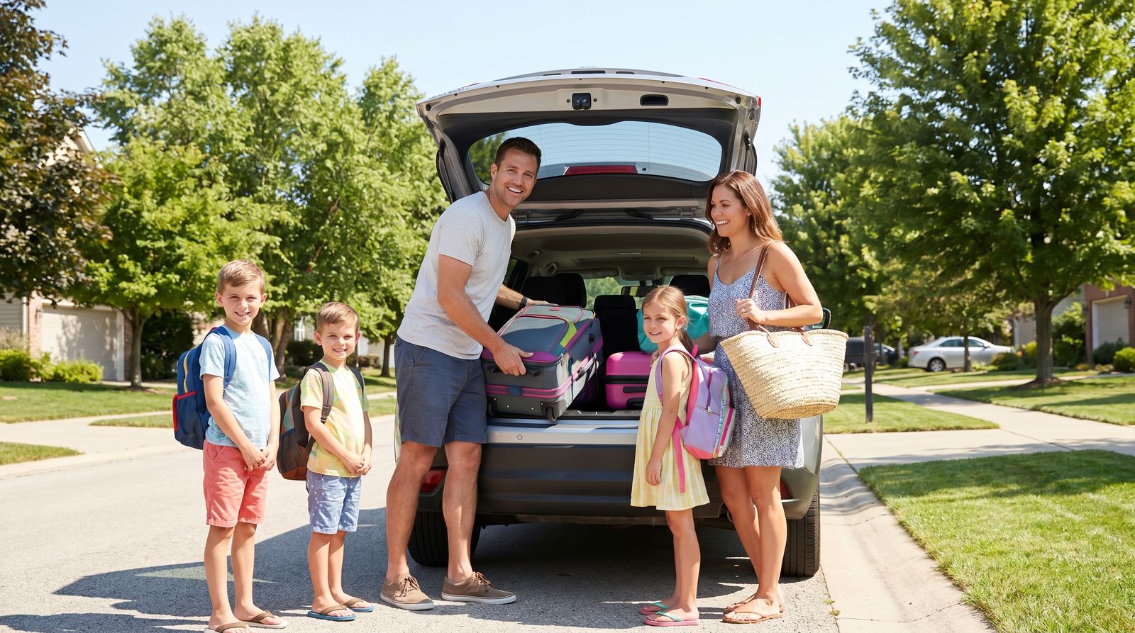 Family loading bags into an SUV for a Florida road trip on a sunny morning