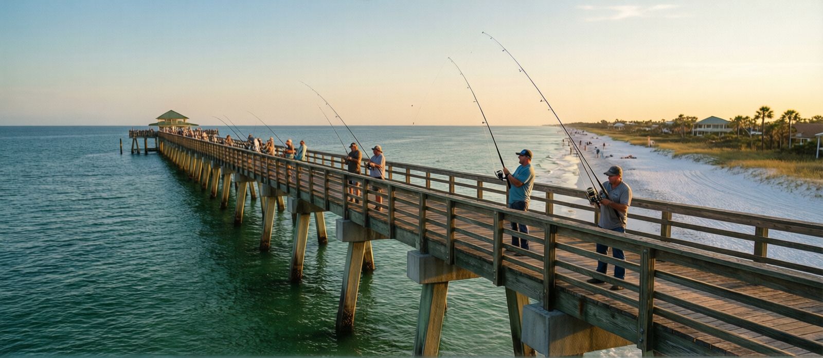 Anglers fishing from the long Okaloosa Island Pier at golden hour near Fort Walton Beach Florida with calm Gulf waters in the background