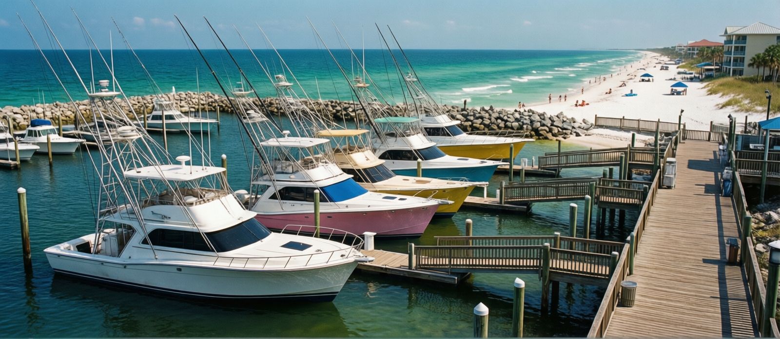 HarborWalk Village at Destin Harbor with colorful charter fishing boats lined up at the marina and the waterfront boardwalk