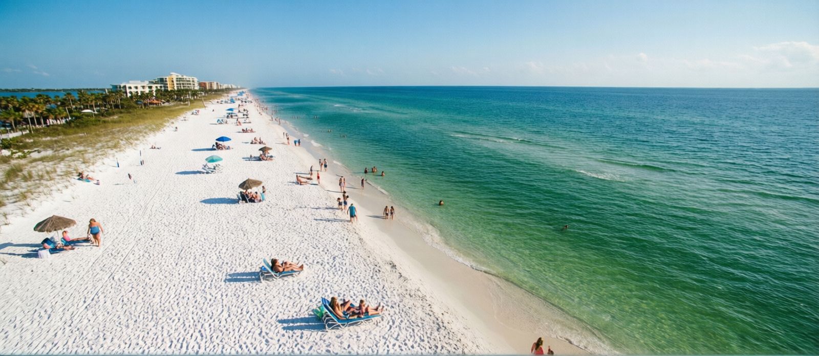 Wide white sand beach on Okaloosa Island near Fort Walton Beach Florida with emerald Gulf water and families on a sunny afternoon