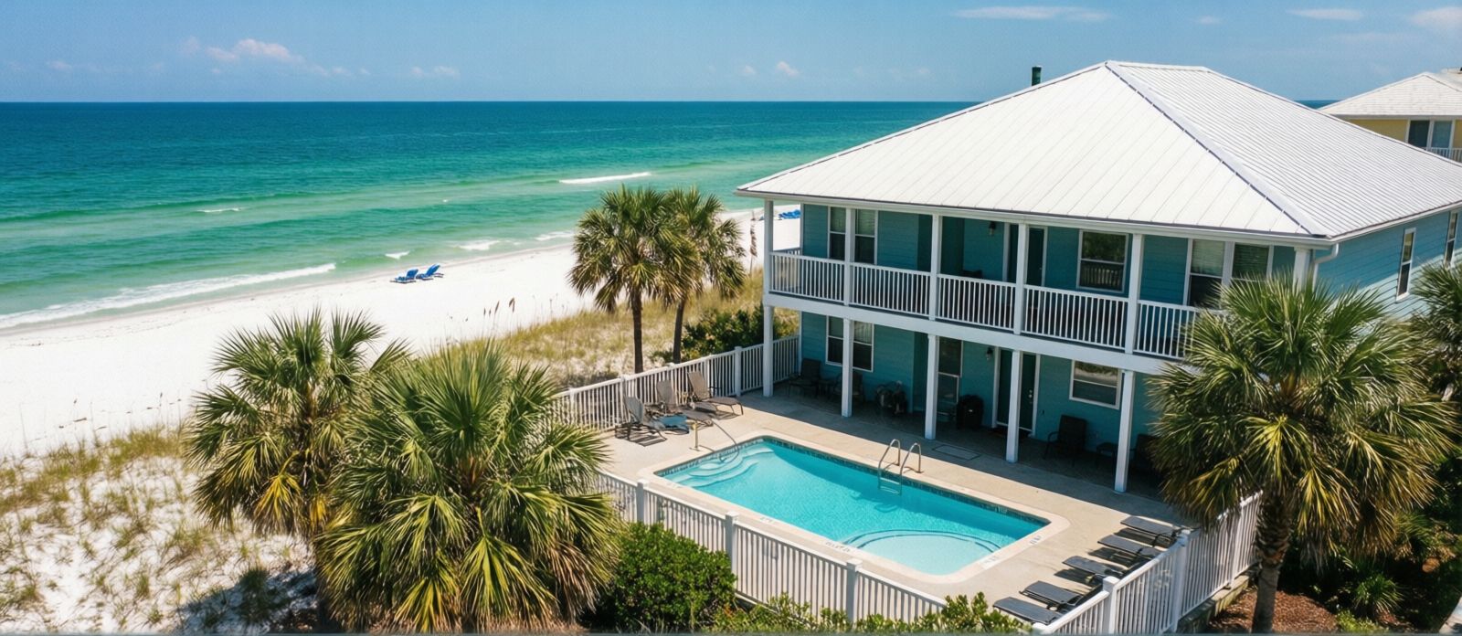 Bright vacation rental home with private pool and palm trees near the beach in Miramar Beach Florida on a sunny summer day