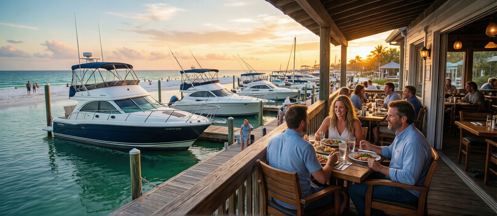 Outdoor waterfront seafood restaurant at Destin Harbor at sunset with couples dining and charter boats docked nearby
