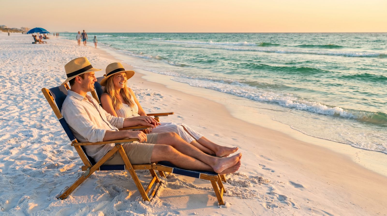 Couple sitting in beach chairs on Destin's white sand looking out at the emerald Gulf of Mexico, blue sky, late afternoon golden light