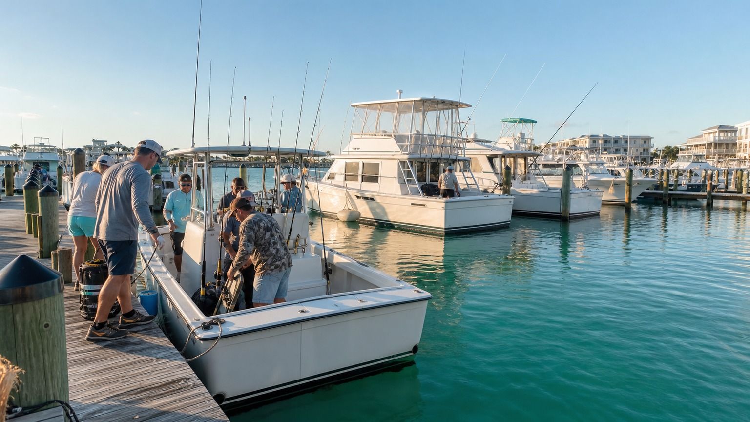 Fishing charter boats docked at Destin Harbor in early morning with emerald water and clear blue sky