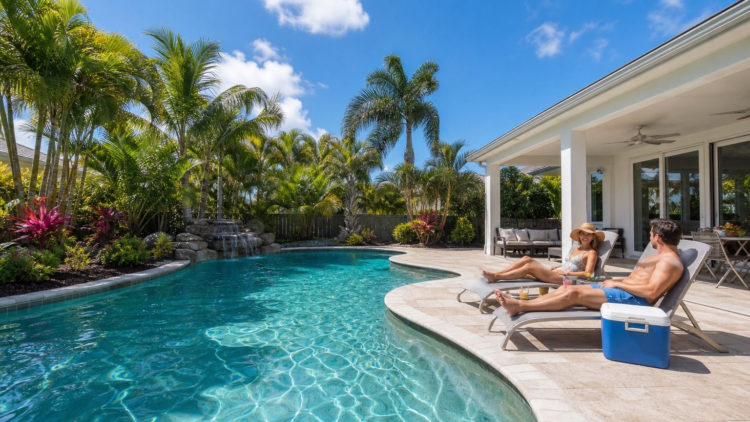 Sunny Florida vacation rental private pool with lounge chairs and tropical landscaping on a clear day
