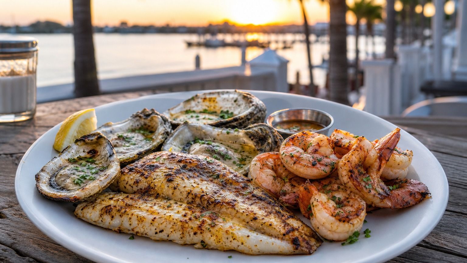 Fresh grilled Gulf grouper and shrimp platter at a Florida waterfront seafood restaurant at dusk