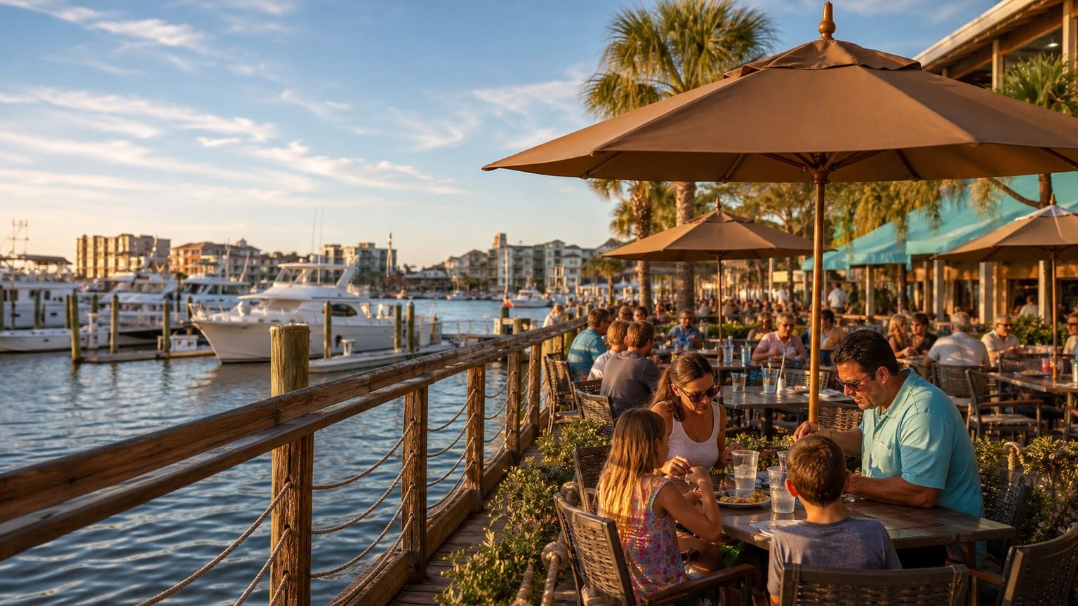 Lively waterfront dining patio in Destin Florida with marina views on a warm afternoon