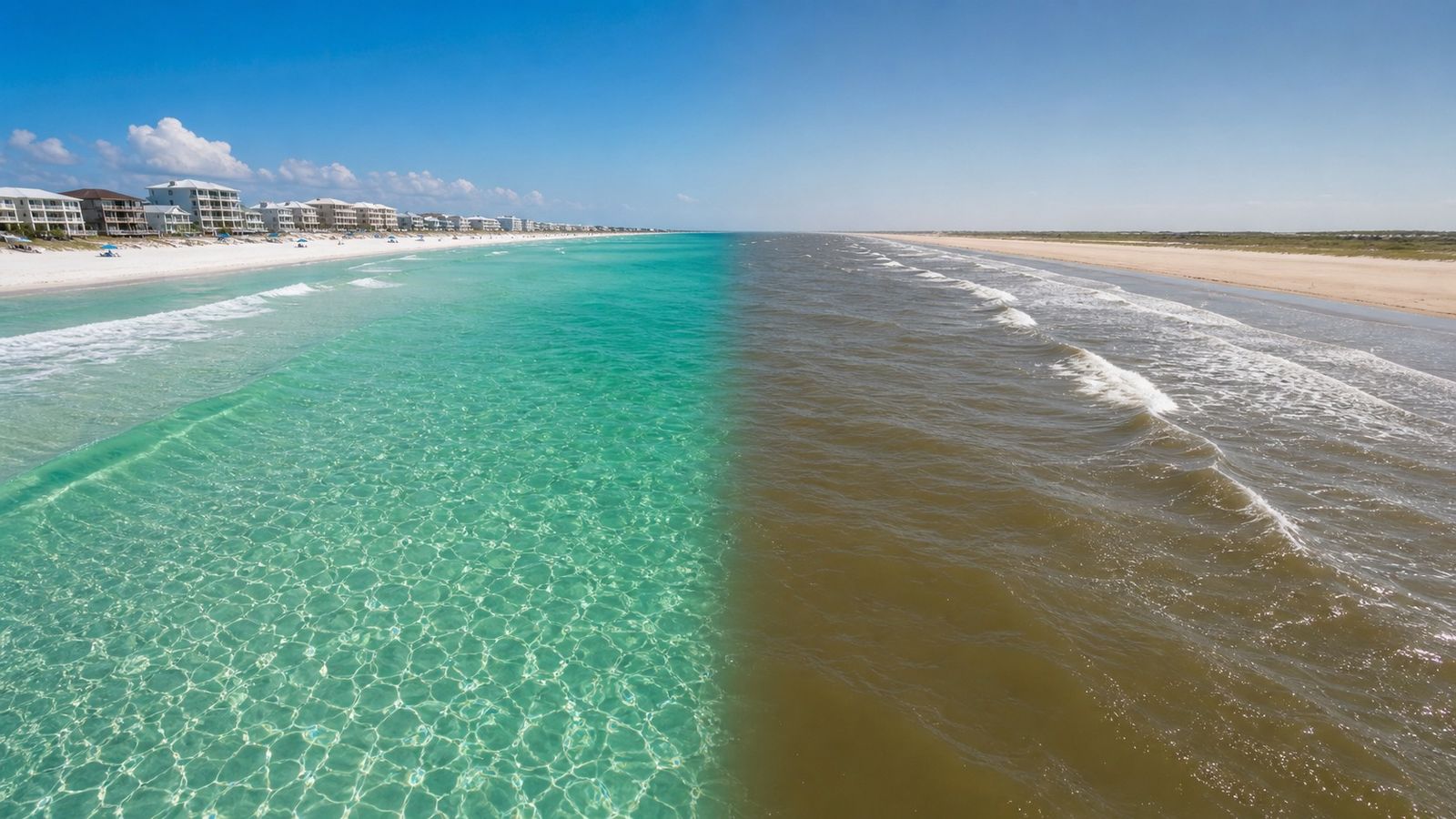 Side-by-side visual contrast between Destin Florida's crystal-clear emerald water and Port Aransas Texas's murkier brownish-green Gulf water