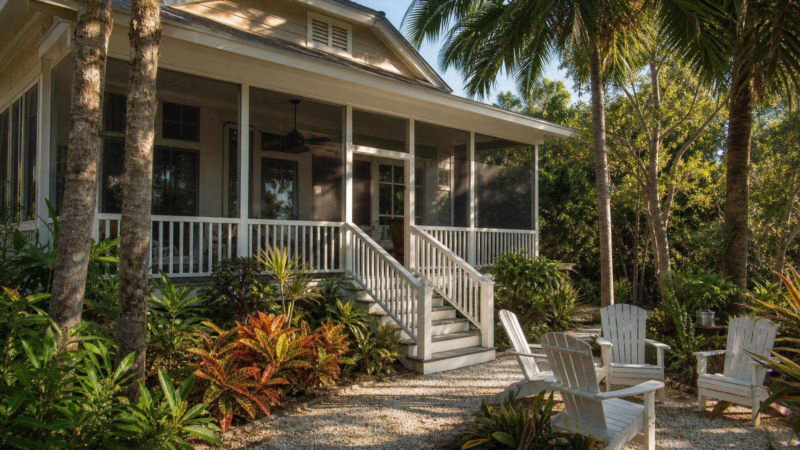 Gulf Coast vacation rental home with screened porch, white railing, Adirondack chairs, and tropical landscaping