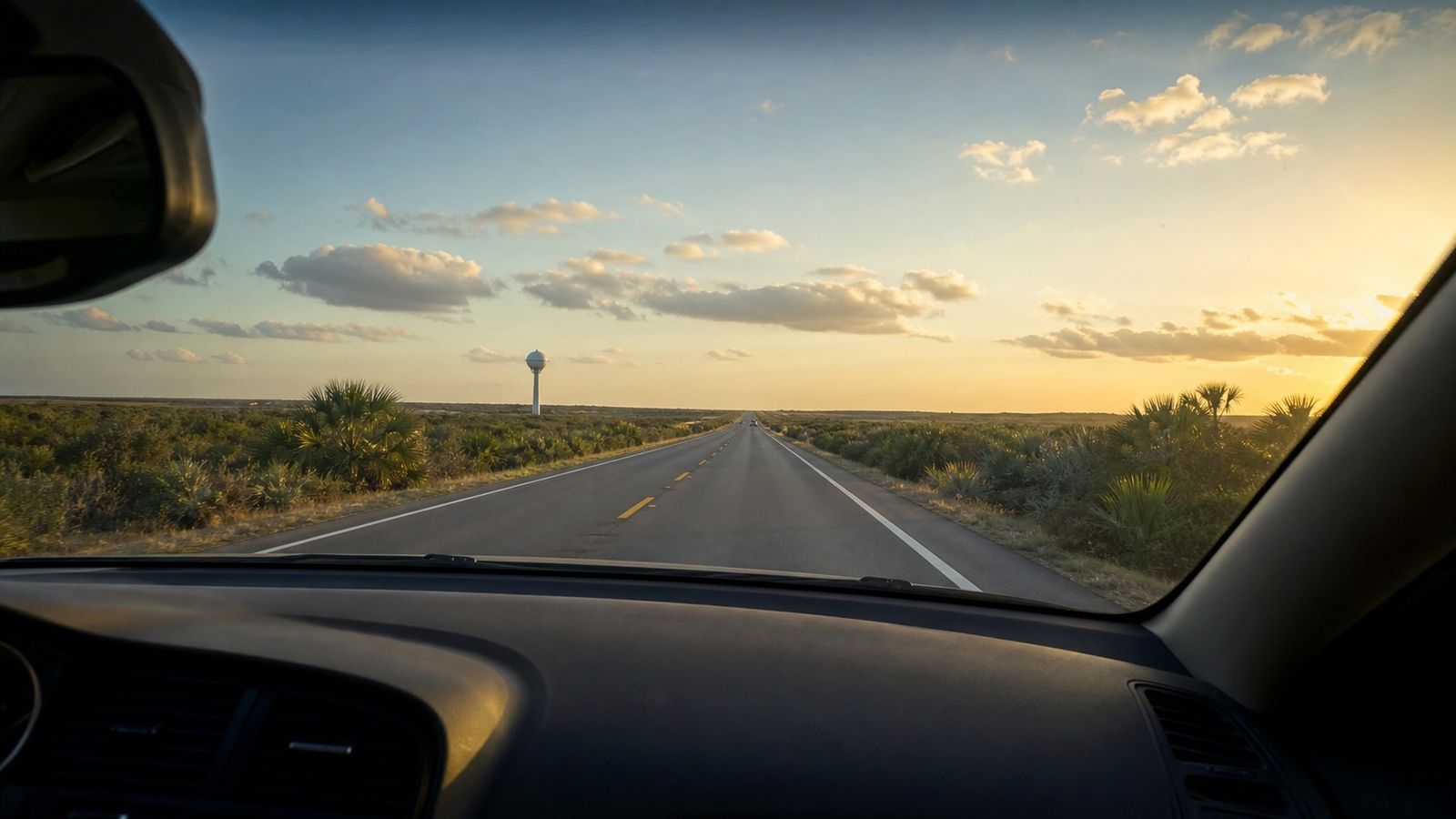 View from inside a car approaching the Texas Gulf Coast on a flat highway at golden hour with the horizon ahead