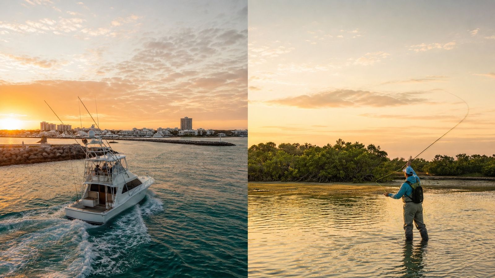 Destin offshore charter boat heading into the emerald Gulf at sunrise alongside a Texas bay wading angler near Port Aransas at dawn
