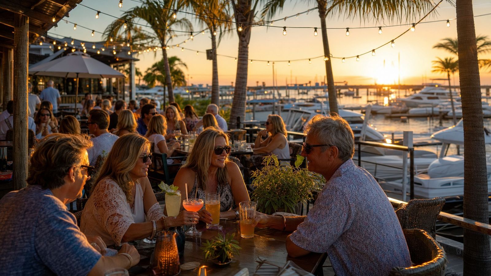 Lively waterfront restaurant patio on a Gulf Coast marina at sunset with string lights, diners, and boats moored behind