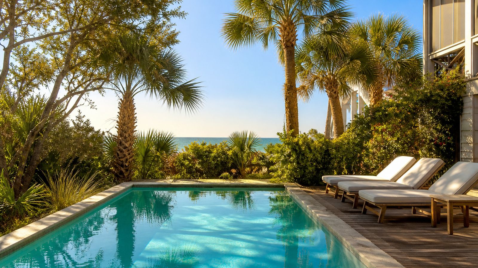 Private pool at a Miramar Beach Florida vacation rental home surrounded by tropical landscaping with Gulf glimpse