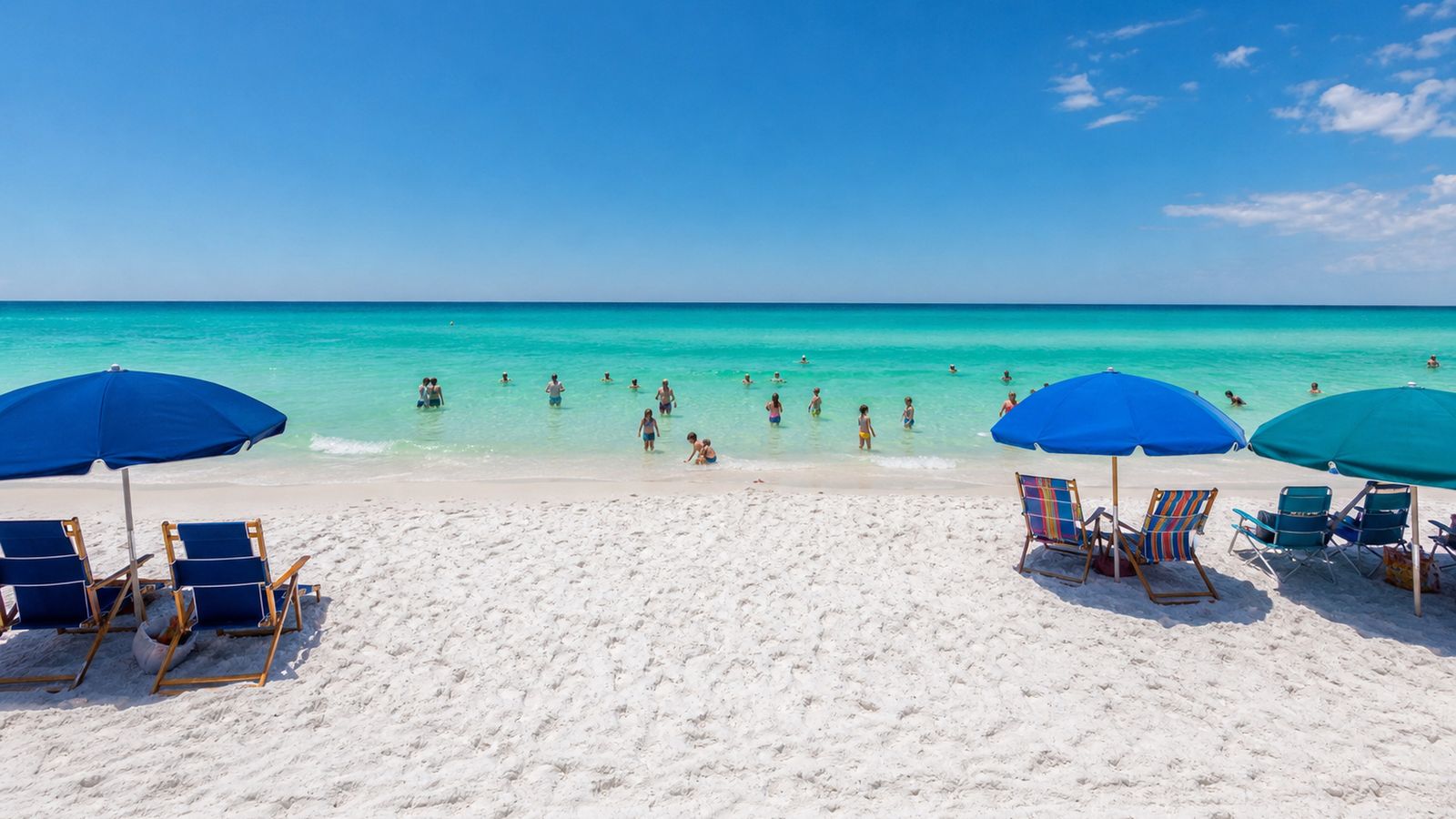 Destin Florida beach with emerald-green Gulf water, white quartz sand, and beach chairs on a sunny summer day