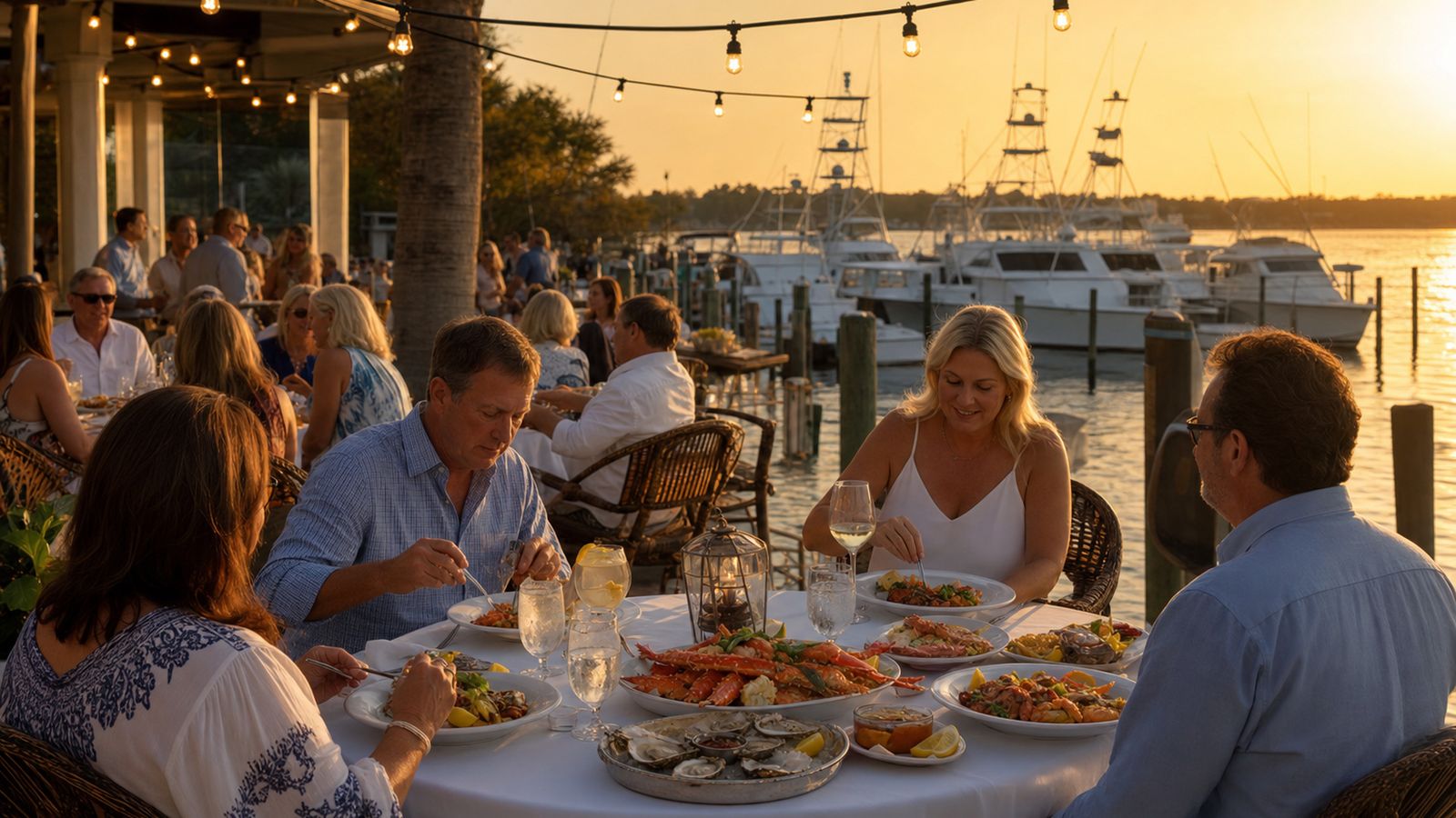 Outdoor waterfront seafood restaurant patio at golden hour with harbor boat views and string lights