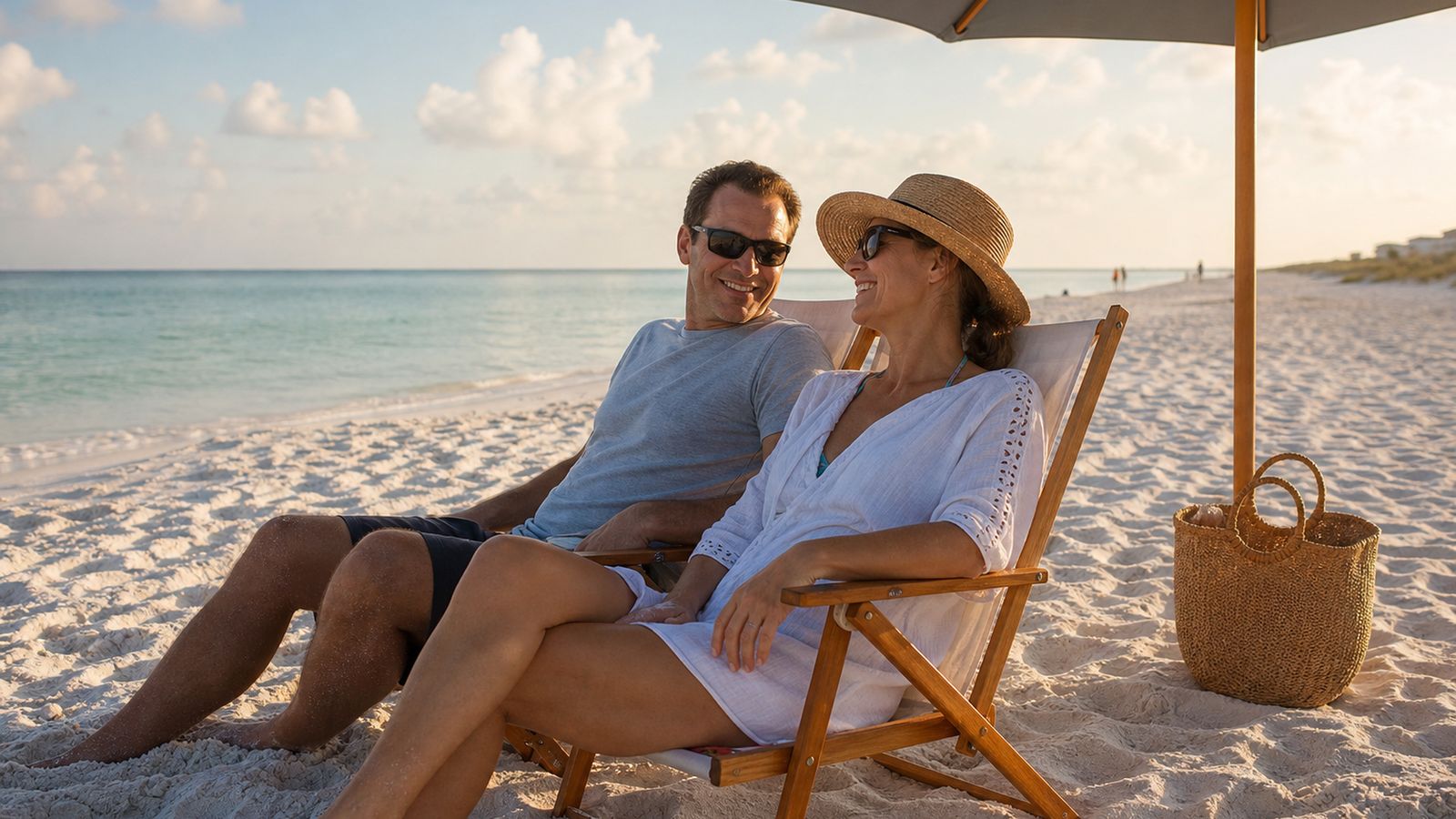 Couple relaxing on a quiet uncrowded Gulf Coast beach in fall shoulder season with calm clear water