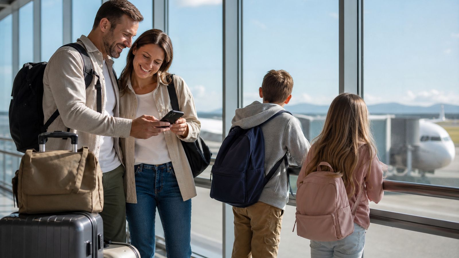 Family at airport terminal checking a boarding pass before a beach vacation flight
