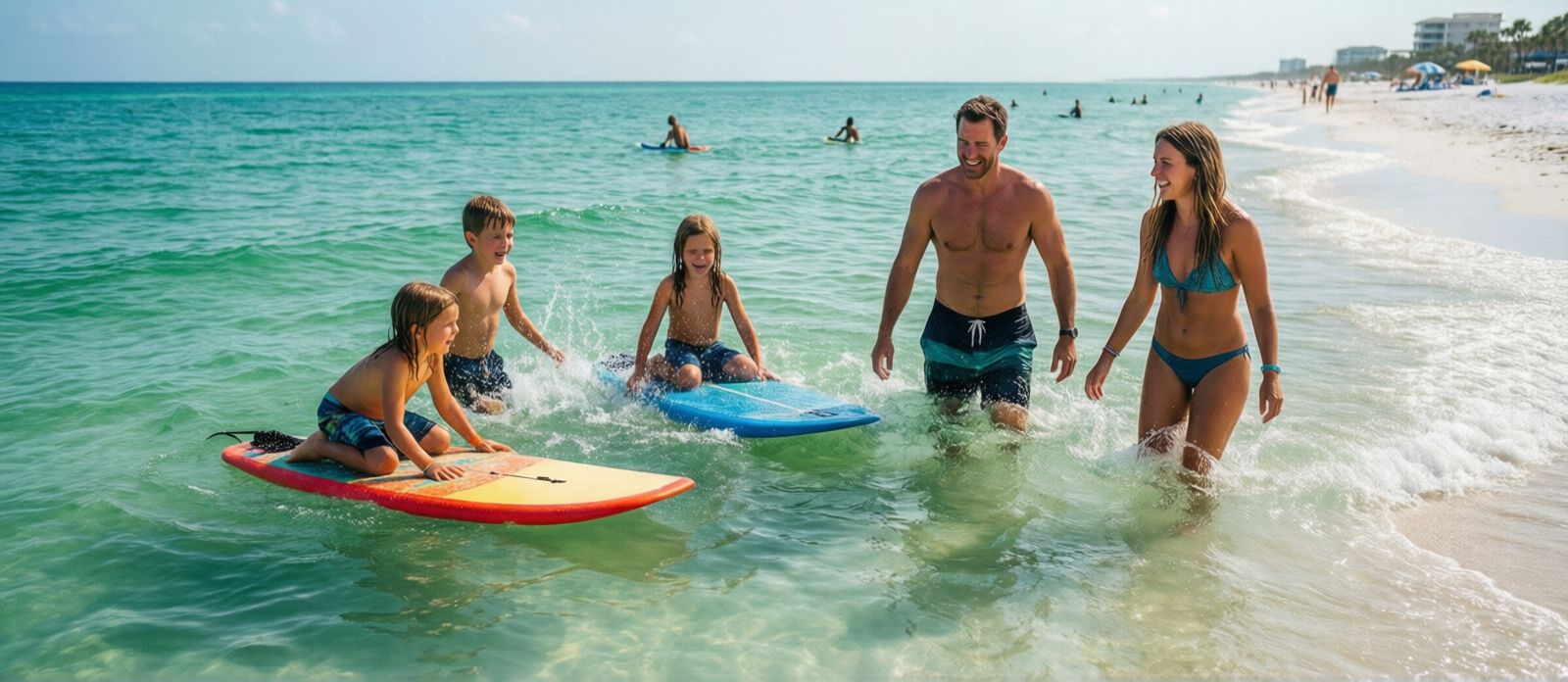 Happy family splashing in warm clear turquoise Gulf of Mexico water at Destin Florida beach in summer, kids on colorful boogie boards, parents wading in waist-deep emerald water, sunny afternoon