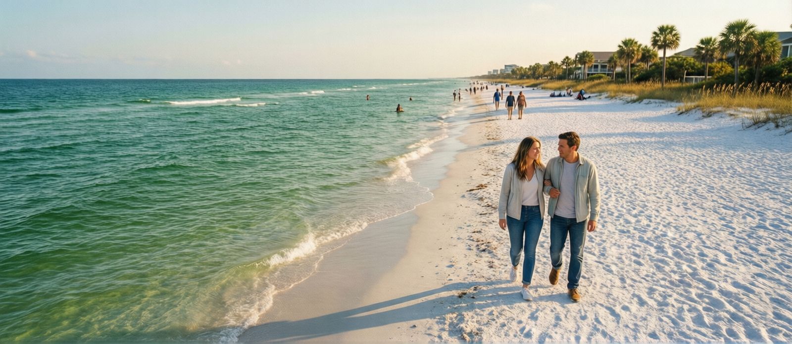 Couple in light layers walking along the empty Destin Florida beach in late October, calm emerald-green Gulf water on one side, white sugar sand, golden afternoon light, very few other people visible