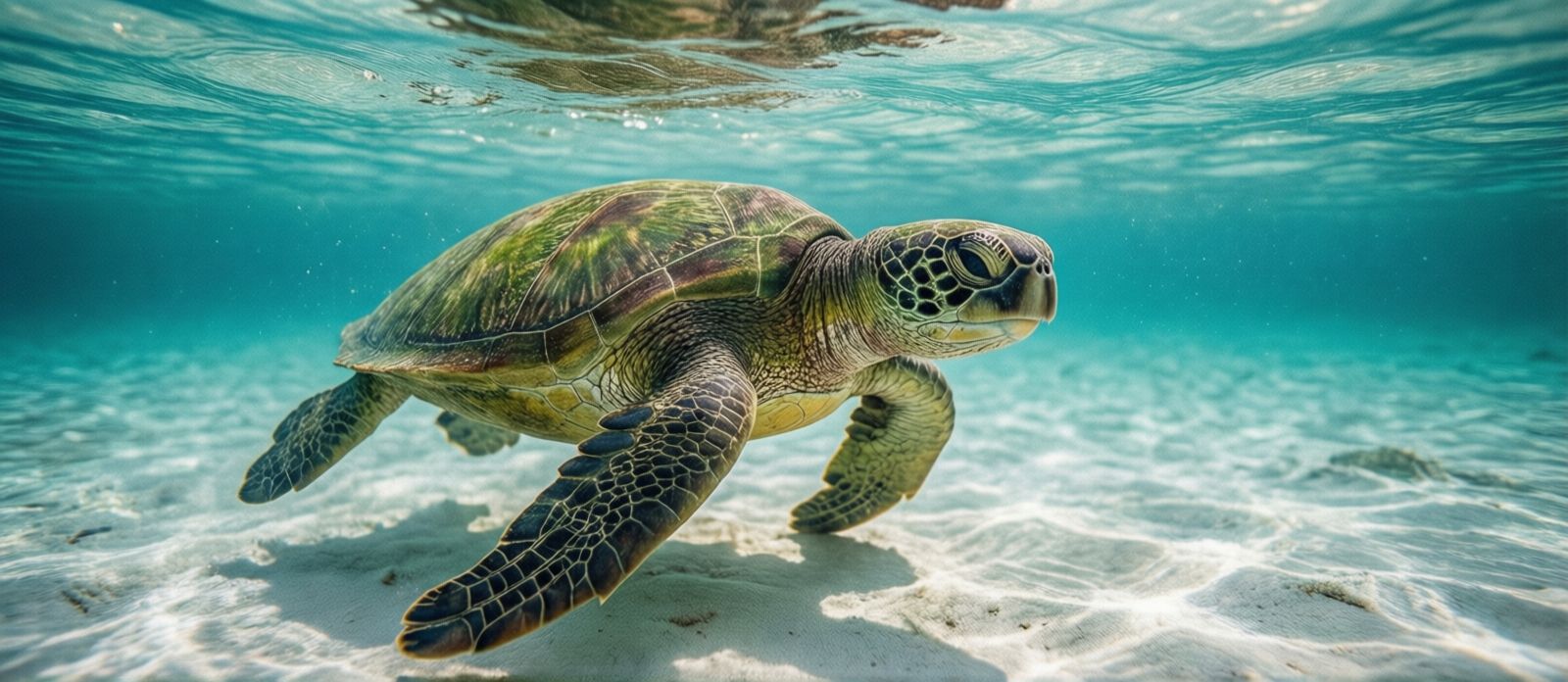Green sea turtle gliding slowly through crystal-clear warm turquoise Gulf of Mexico water near Destin Florida, white sandy bottom below, natural sunlight filtering through shallow water