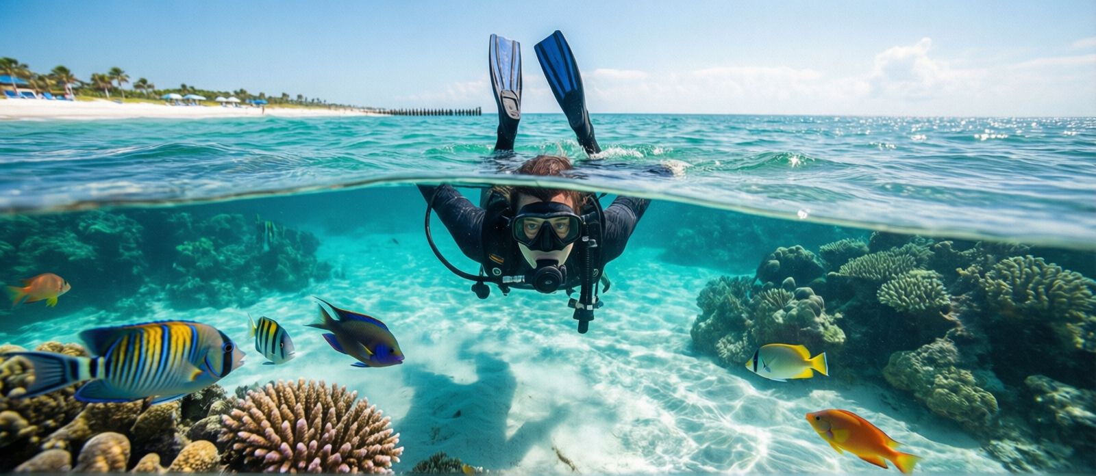 Snorkeler floating face-down in crystal-clear turquoise water near Destin Florida jetties, fins visible at the surface, colorful reef fish and white sandy bottom below, bright summer day