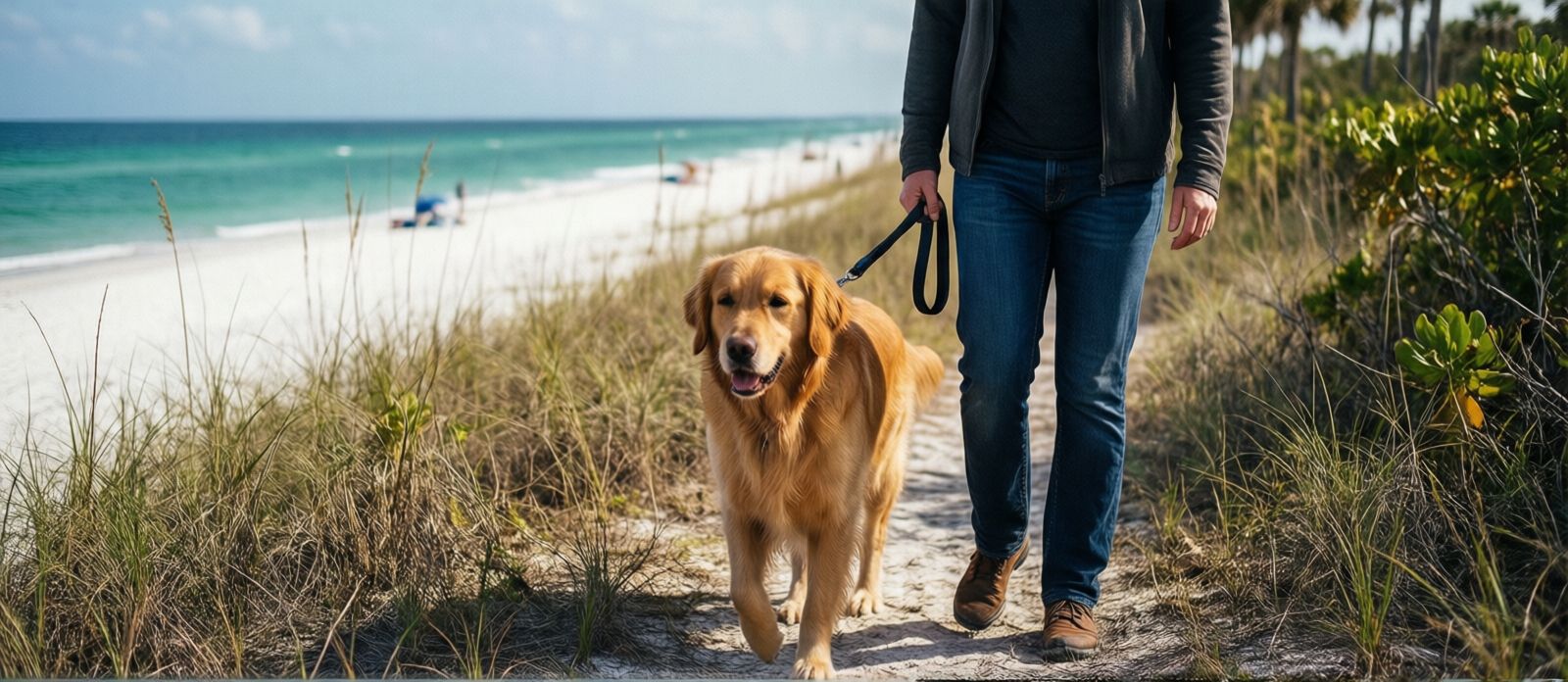 Dog owner walking a leashed golden retriever on a nature trail near the Gulf at Henderson Beach State Park