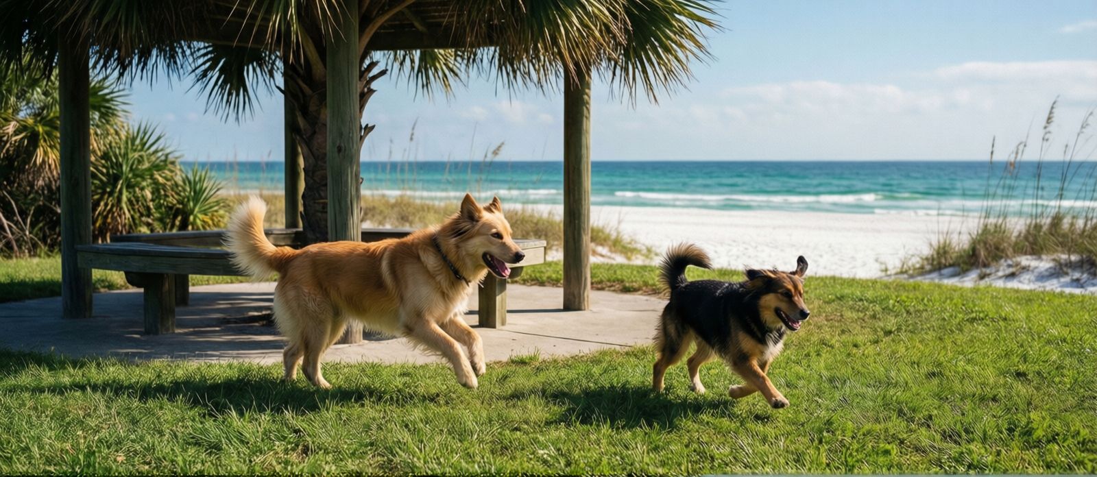 Dogs running and playing off-leash at Nancy Weidenhamer Dog Park in Destin Florida with green grass and shaded seating