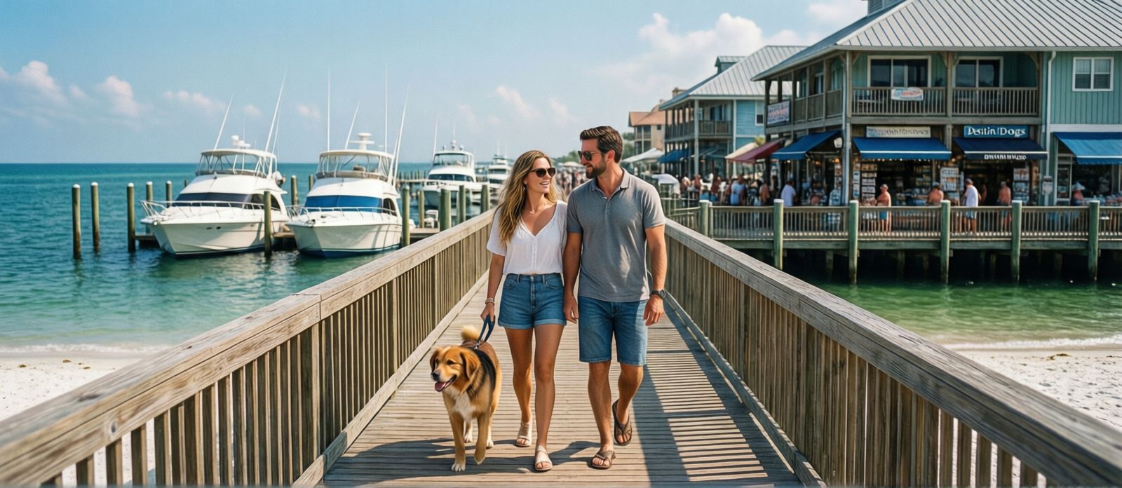 Couple walking a dog on the Destin Harbor Boardwalk with charter boats and waterfront shops in the background