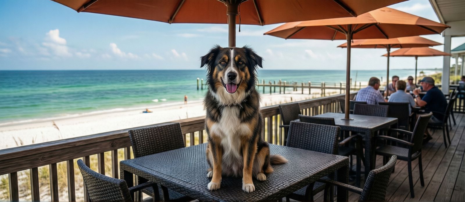 Dog sitting under an outdoor patio table at a waterfront seafood restaurant on Destin Harbor with Gulf views