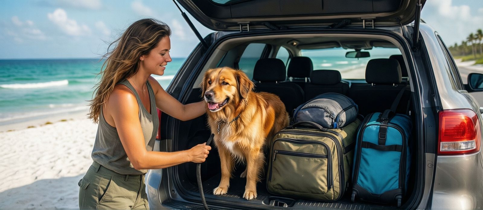 Family loading dog and vacation gear into a car for a road trip to Destin Florida