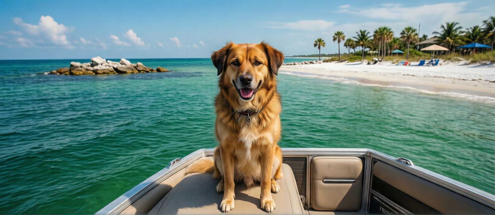 Dog sitting happily on the bow of a pontoon boat on the emerald green waters near Crab Island in Destin