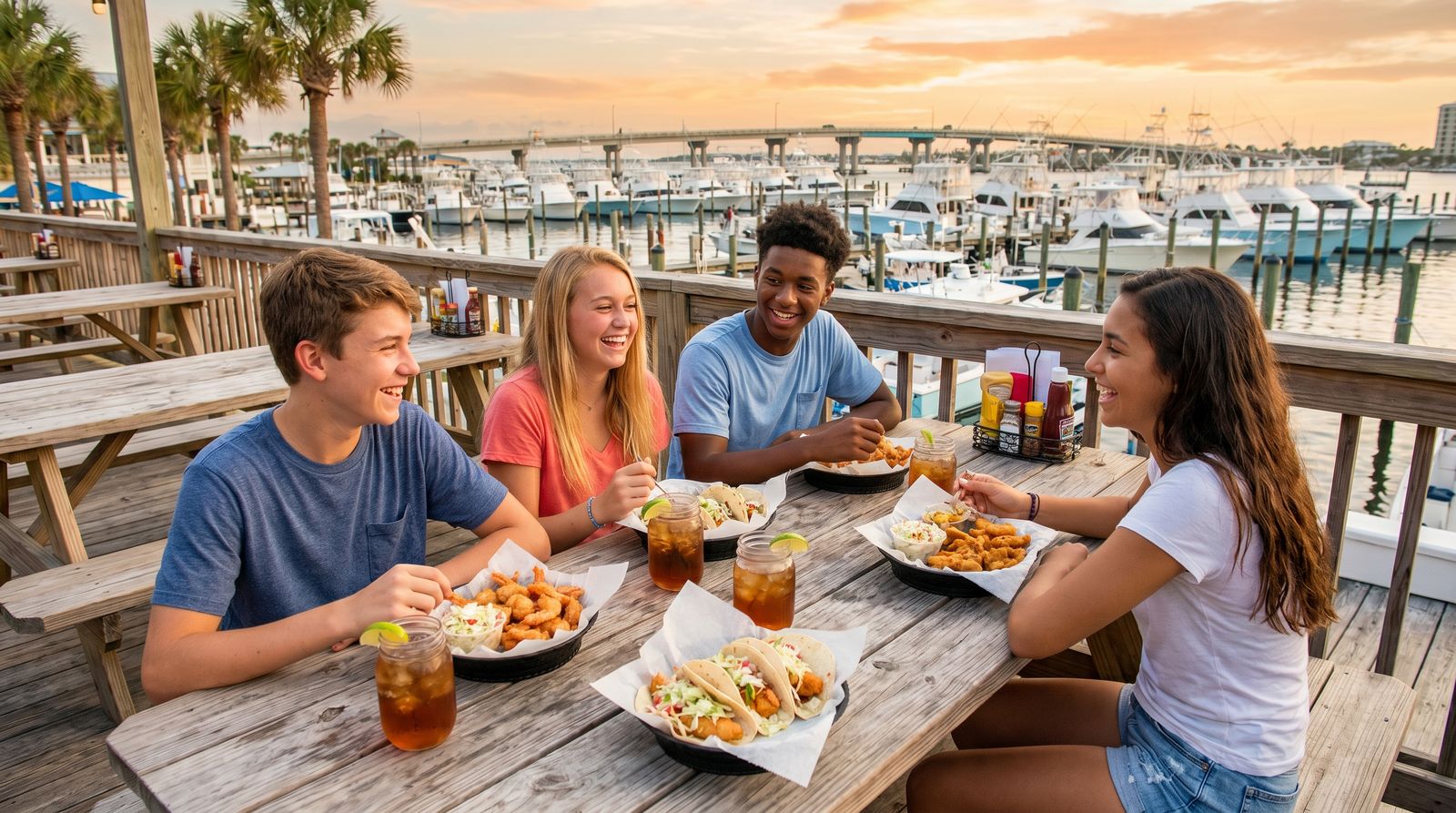 Teenagers eating casual seafood at an outdoor waterfront restaurant in Destin Florida with charter boats visible in the background