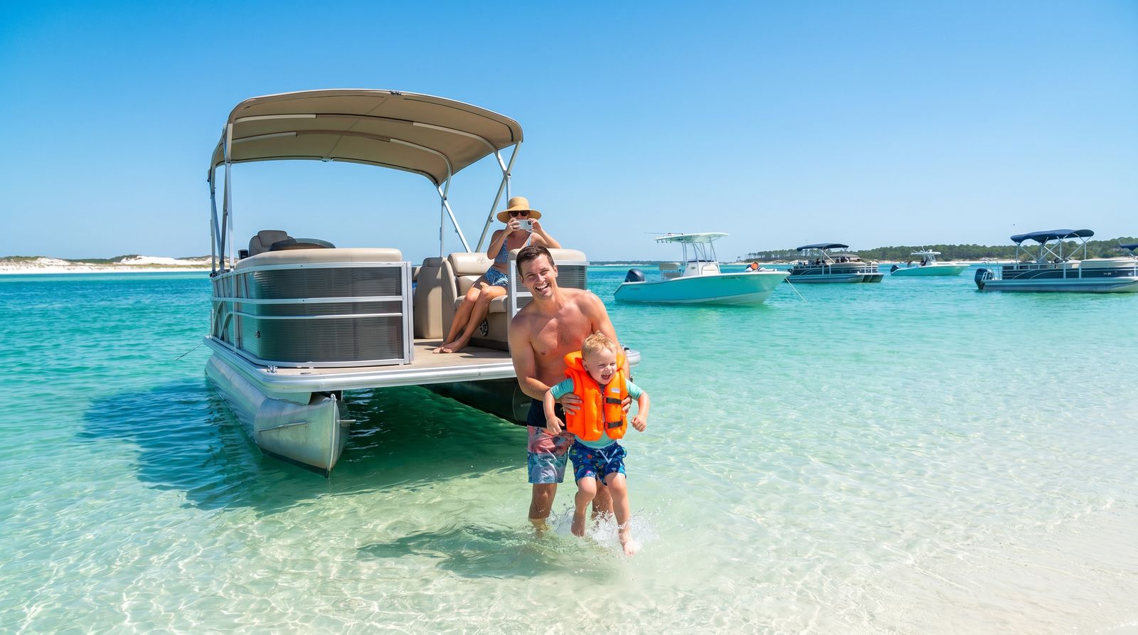 Young family with a toddler in a life jacket wading in crystal-clear shallow water at Crab Island sandbar near Destin Florida