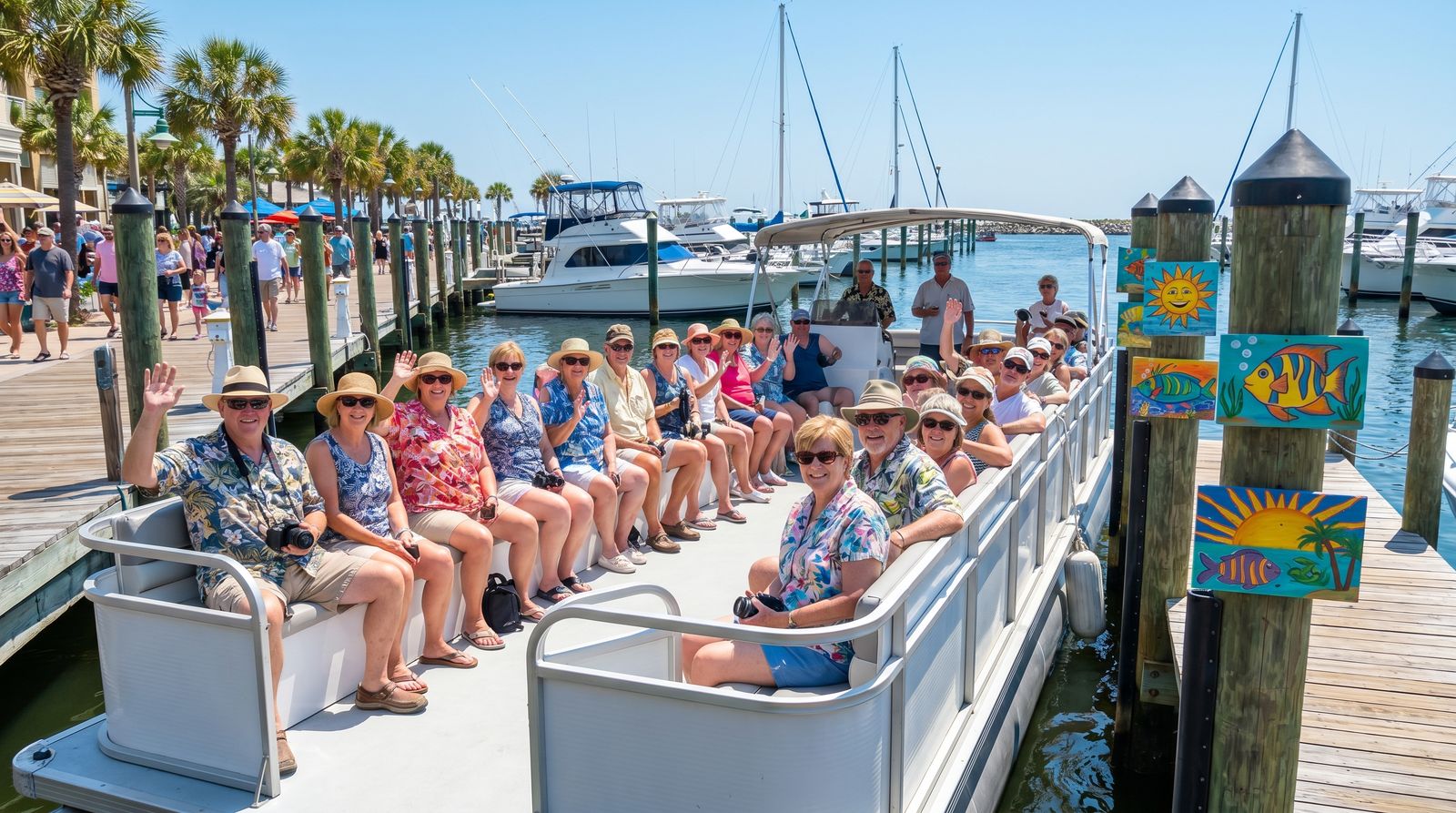 Various tour boats and sailing catamarans docked at Destin Harbor ready for evening sunset cruise departures