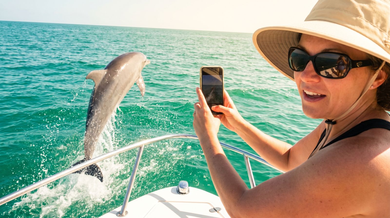 Passengers on a harbor cruise in Destin Florida pointing at dolphins in the water as the sun sets in the background