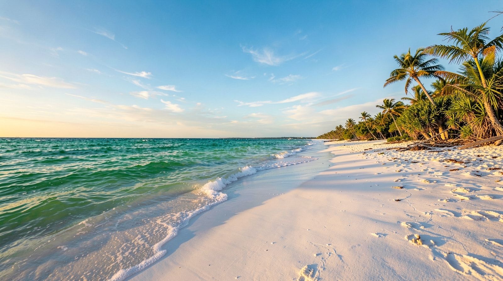 Emerald-green Gulf water and white sand at Destin Florida beach at golden hour