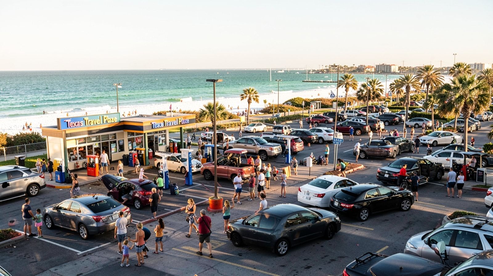 Busy Texas travel plaza full of road-trippers and families at the fuel pumps on a summer morning