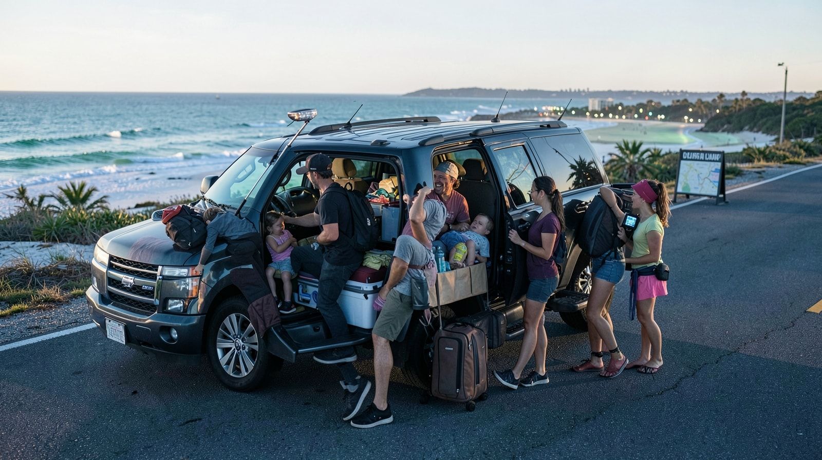 Family packing an SUV before dawn for a road trip from Texas to Destin Florida