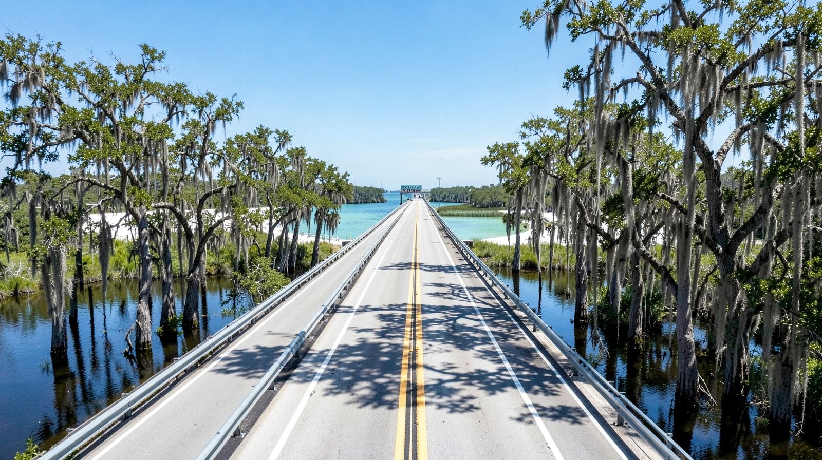 I-10 East elevated highway through Louisiana bayou at midday, cypress trees with Spanish moss and still dark water visible on both sides of the road