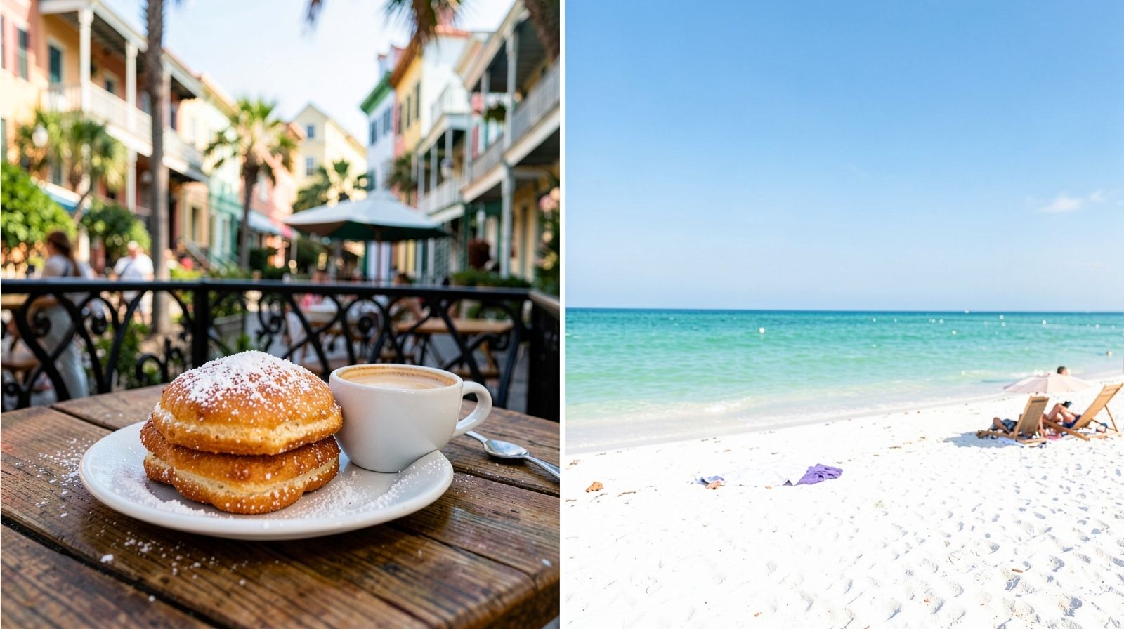 Fresh beignets covered in powdered sugar on a plate at an outdoor cafe table in New Orleans French Quarter, wrought iron railing, morning light, cafe au lait beside the plate